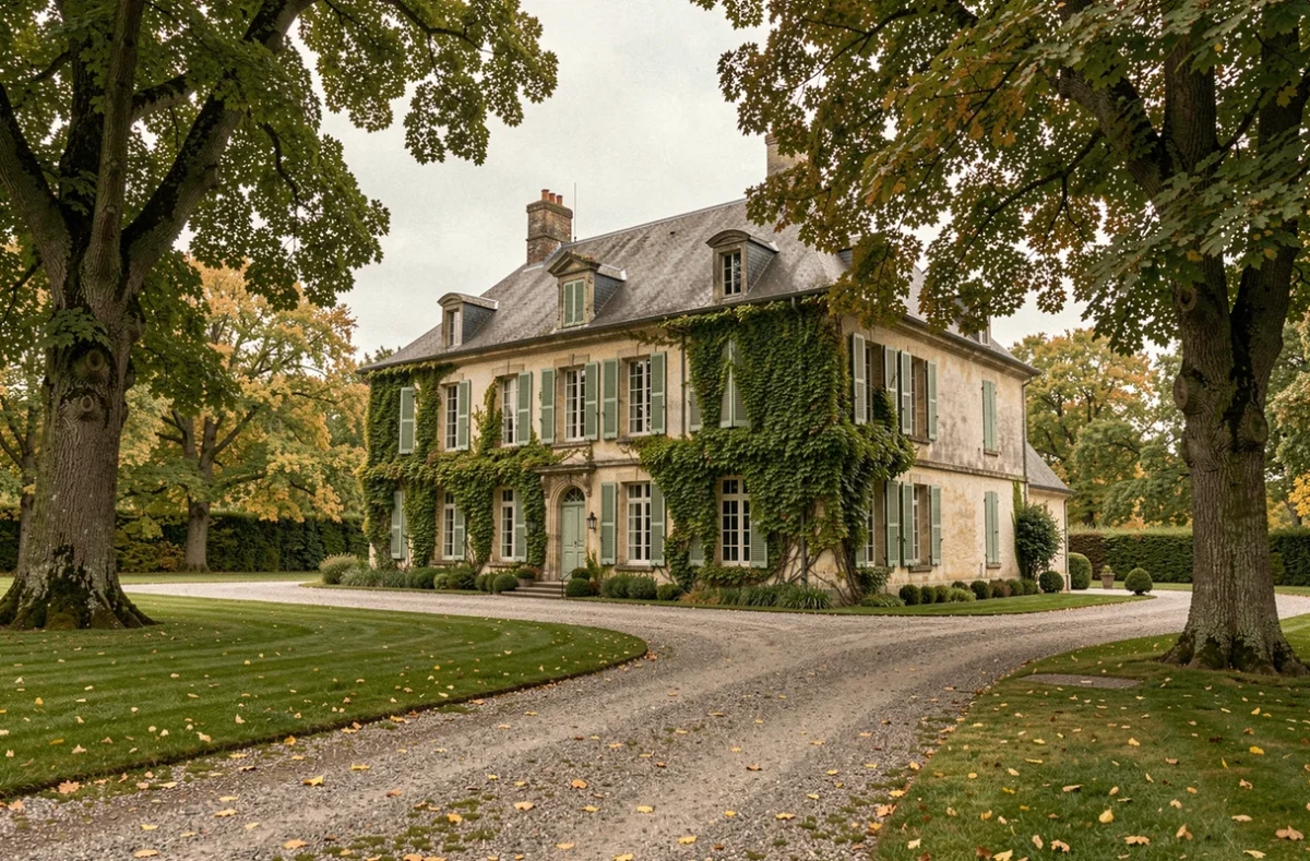 Manoir français en pierre avec allée de graviers et arbres centenaires, symbole du patrimoine d'un notable français