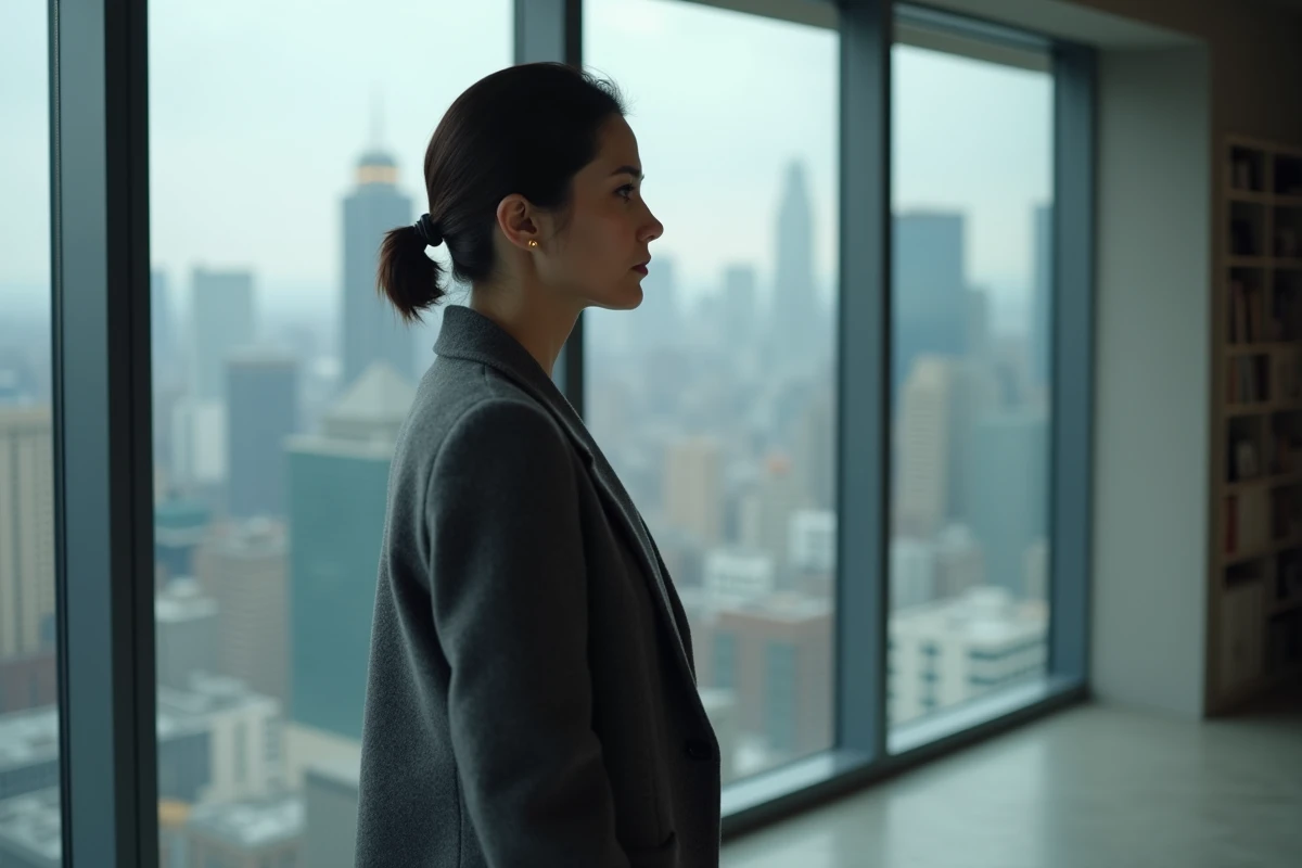 Femme élégante en manteau gris contemplant la ville depuis une grande fenêtre, atmosphère introspective et intimiste