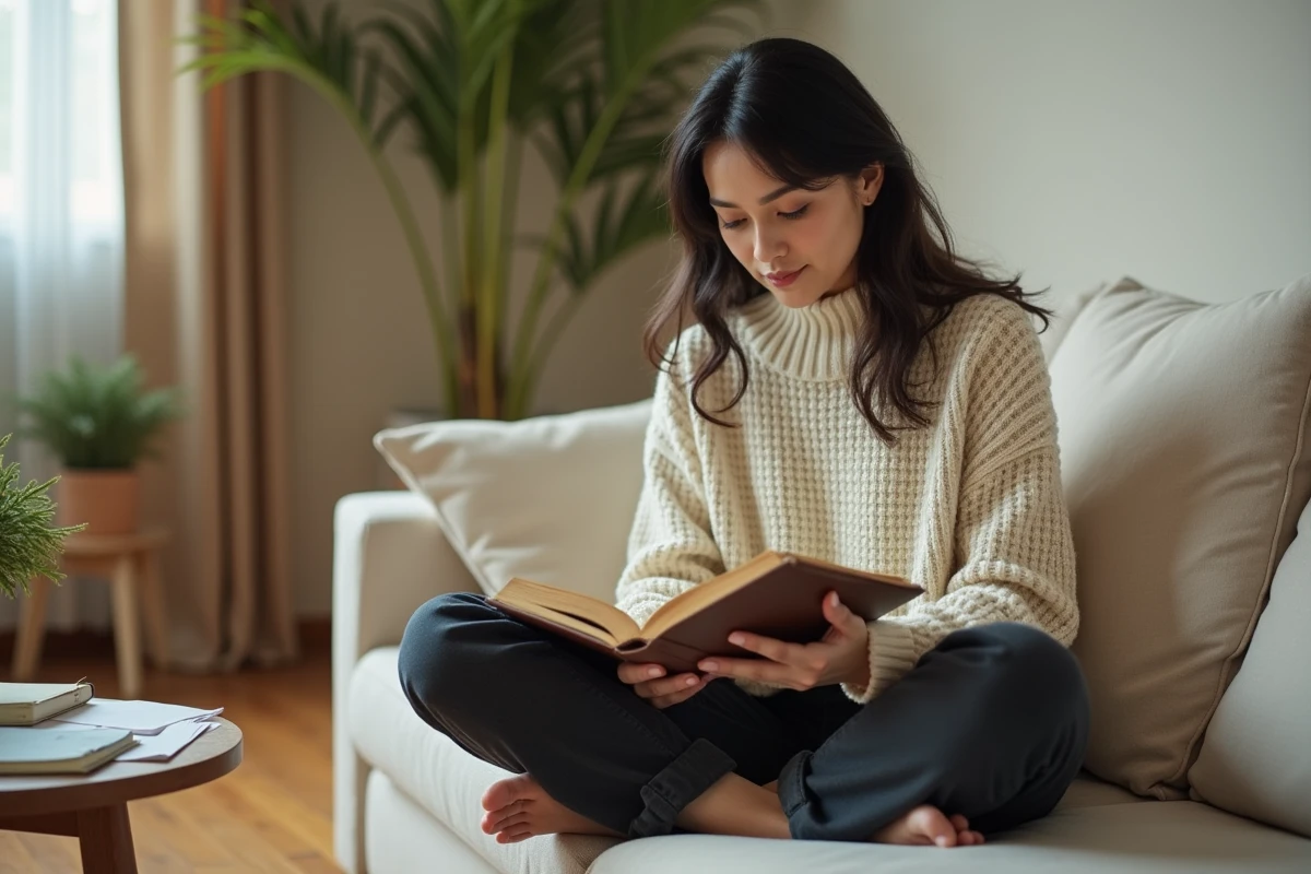 Femme brune détendue lisant un livre sur un canapé en lin dans un intérieur cosy, ambiance vie privée authentique