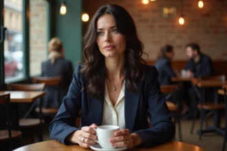 Femme journaliste aux cheveux ondulés sombres assise dans un café parisien, tenant une tasse de café, expression pensive et élégante