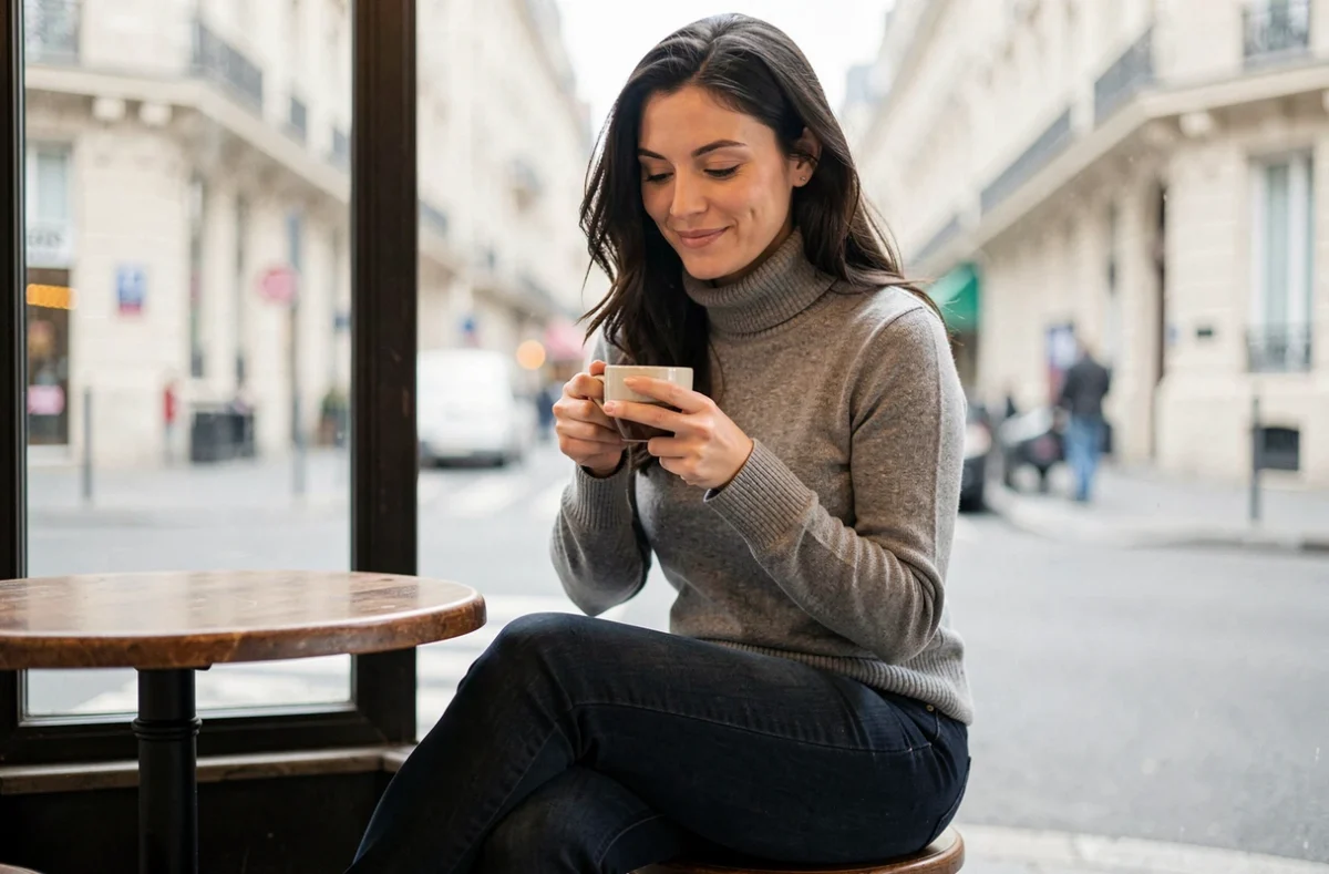 Femme détendue en pull col roulé gris tenant un café dans un bistrot parisien, capturant l'atmosphère intime des rares confidences de Mari Margot Laffite