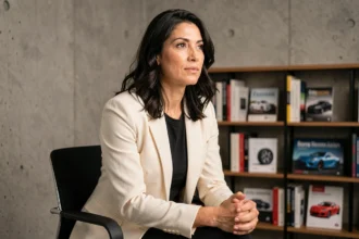 Femme confiante en blazer ivoire lors d'une interview dans un studio moderne aux murs en béton, évoquant les confidences de Mari Margot Laffite