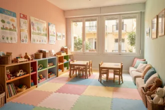 Intérieur coloré et accueillant d'une crèche à Marseille avec des jouets en bois, des tapis de jeu et de grandes fenêtres lumineuses