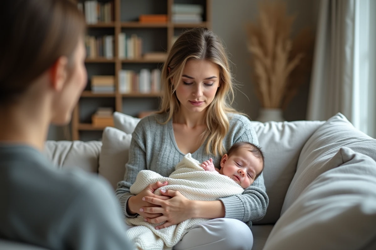 Mère tenant son bébé présentant la marraine potentielle dans un salon chaleureux