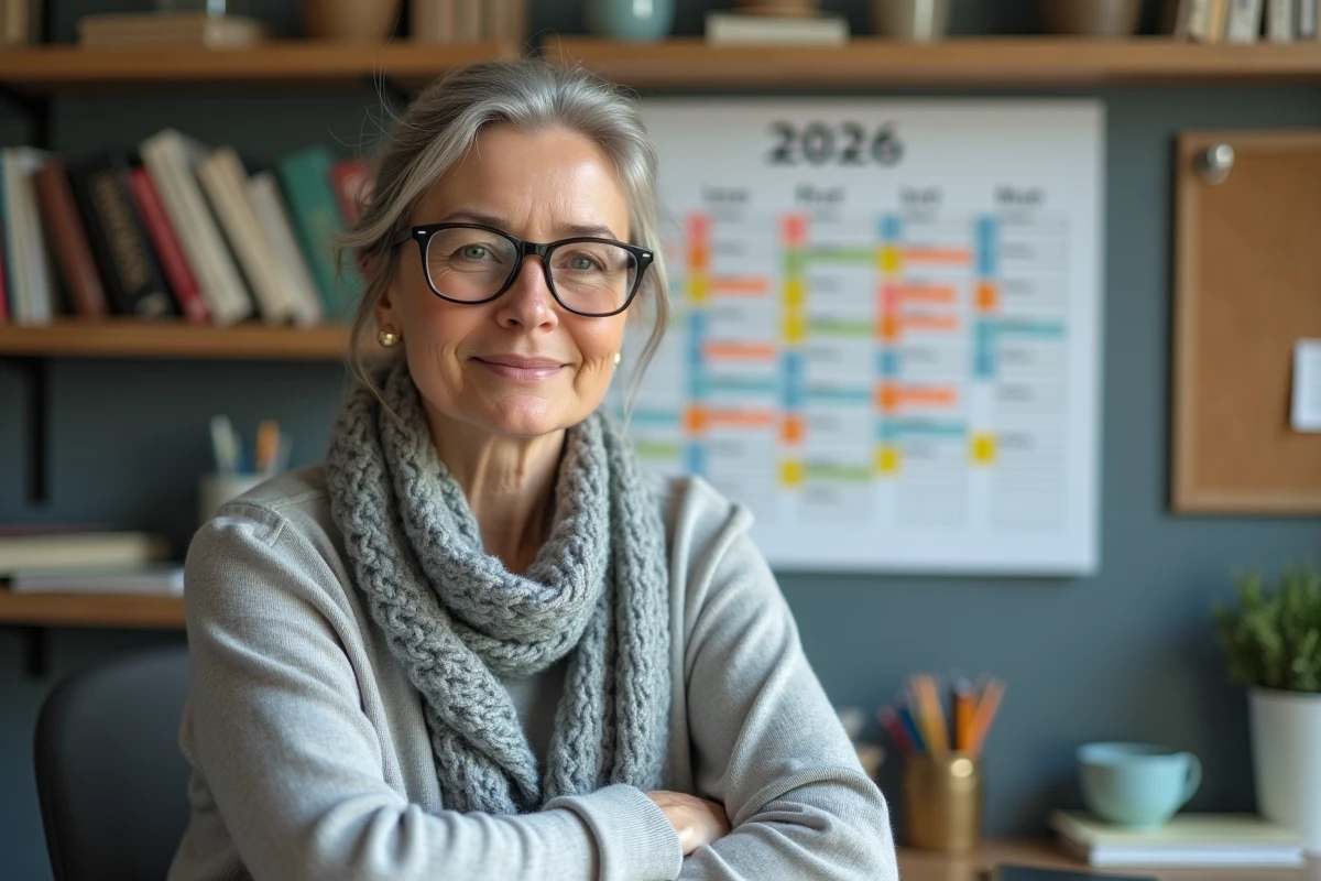Mère consultant un calendrier scolaire 2026 marqué pour les vacances de zone B dans un bureau à domicile