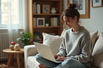 Mère célibataire travaillant sur son ordinateur portable depuis son salon douillet entouré de jouets d'enfant