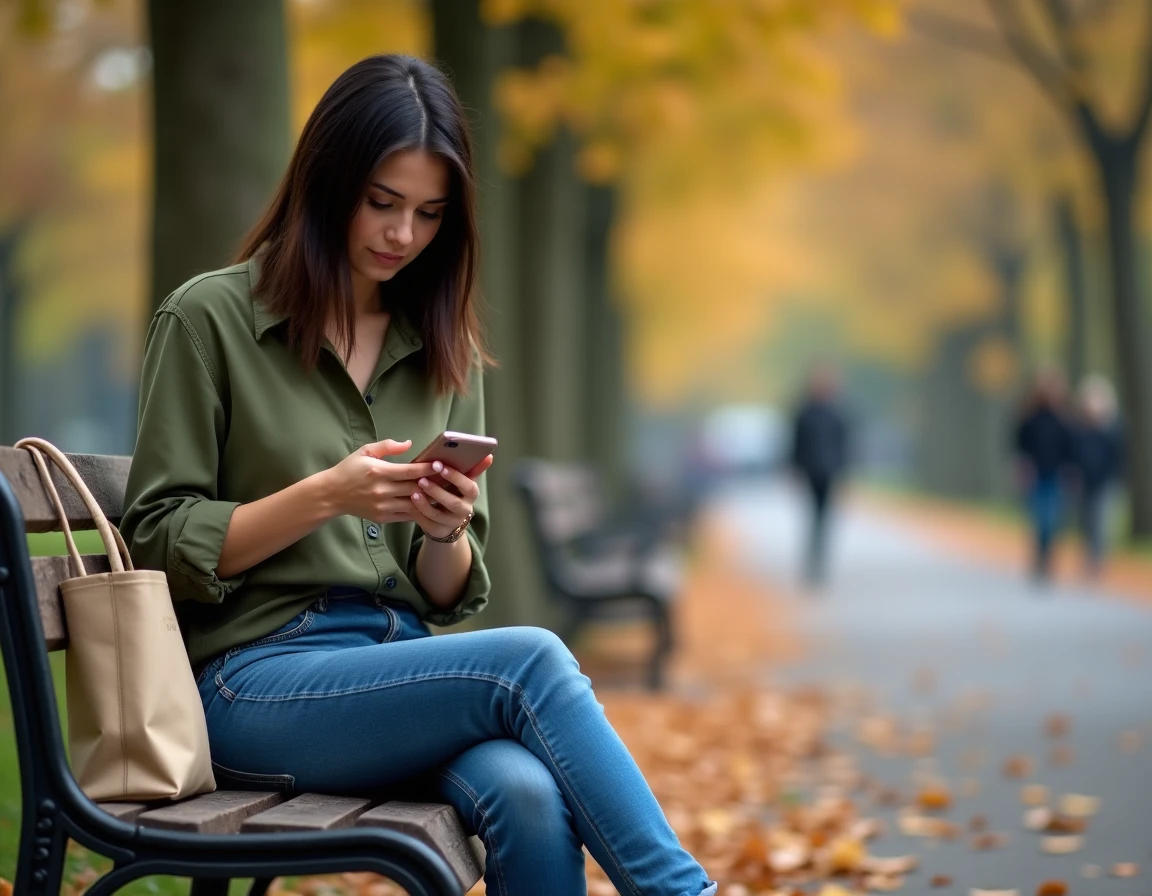 Mère célibataire lisant des ressources et conseils sur son téléphone lors d'une pause dans un parc en automne