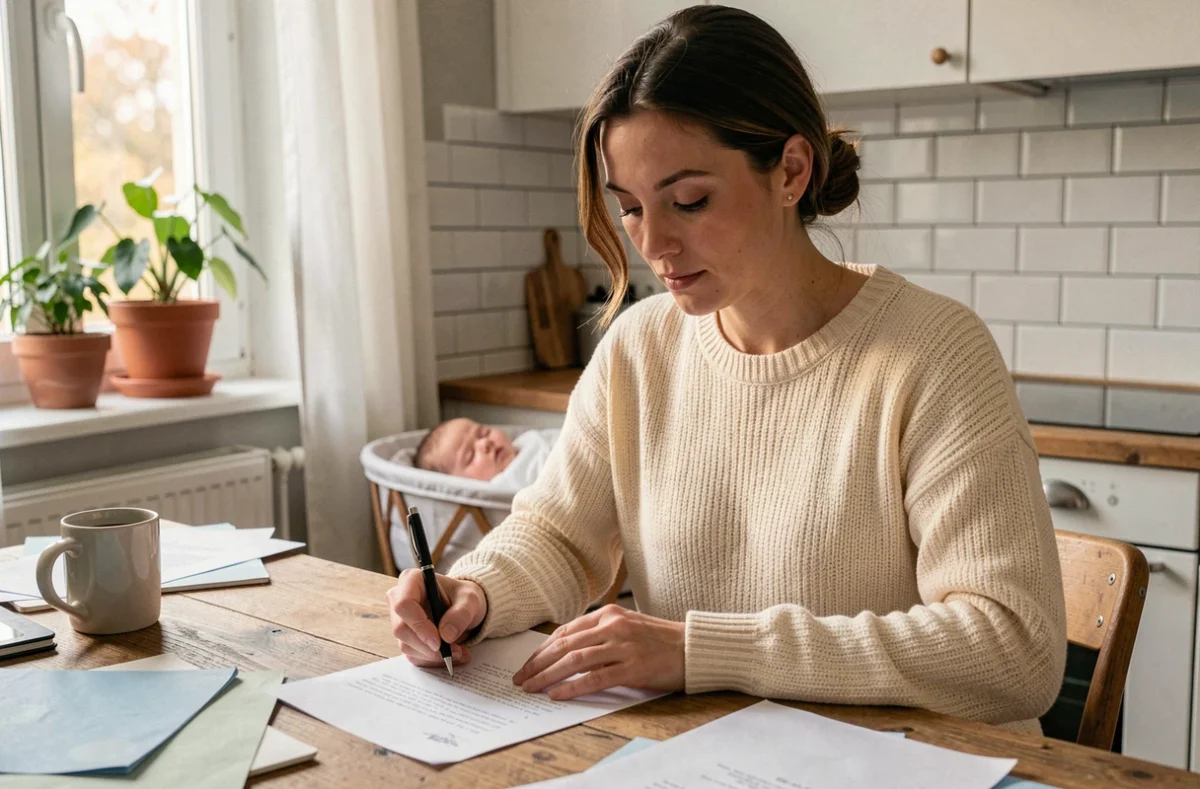 Mère en congé parental rédigeant une lettre de renouvellement ou de retour anticipé à la table de sa cuisine