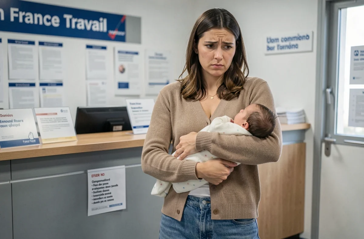 Jeune mère avec nouveau-né dans les bras dans une agence France Travail pour ses droits au congé maternité