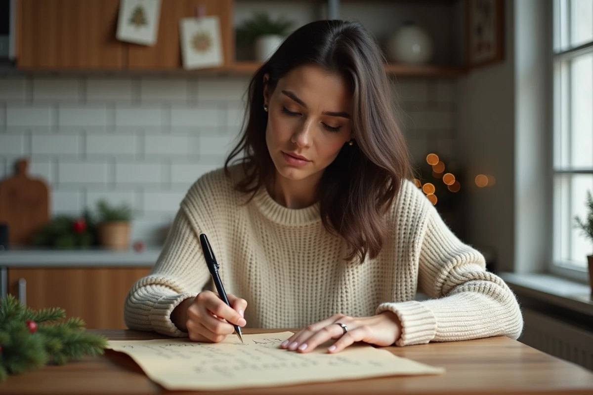 Mère écrivant à la main une réponse du Père Noël sur du papier parchemin à une table en bois