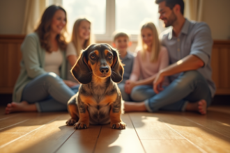 Merle dachshund souriant avec famille sur sol en bois