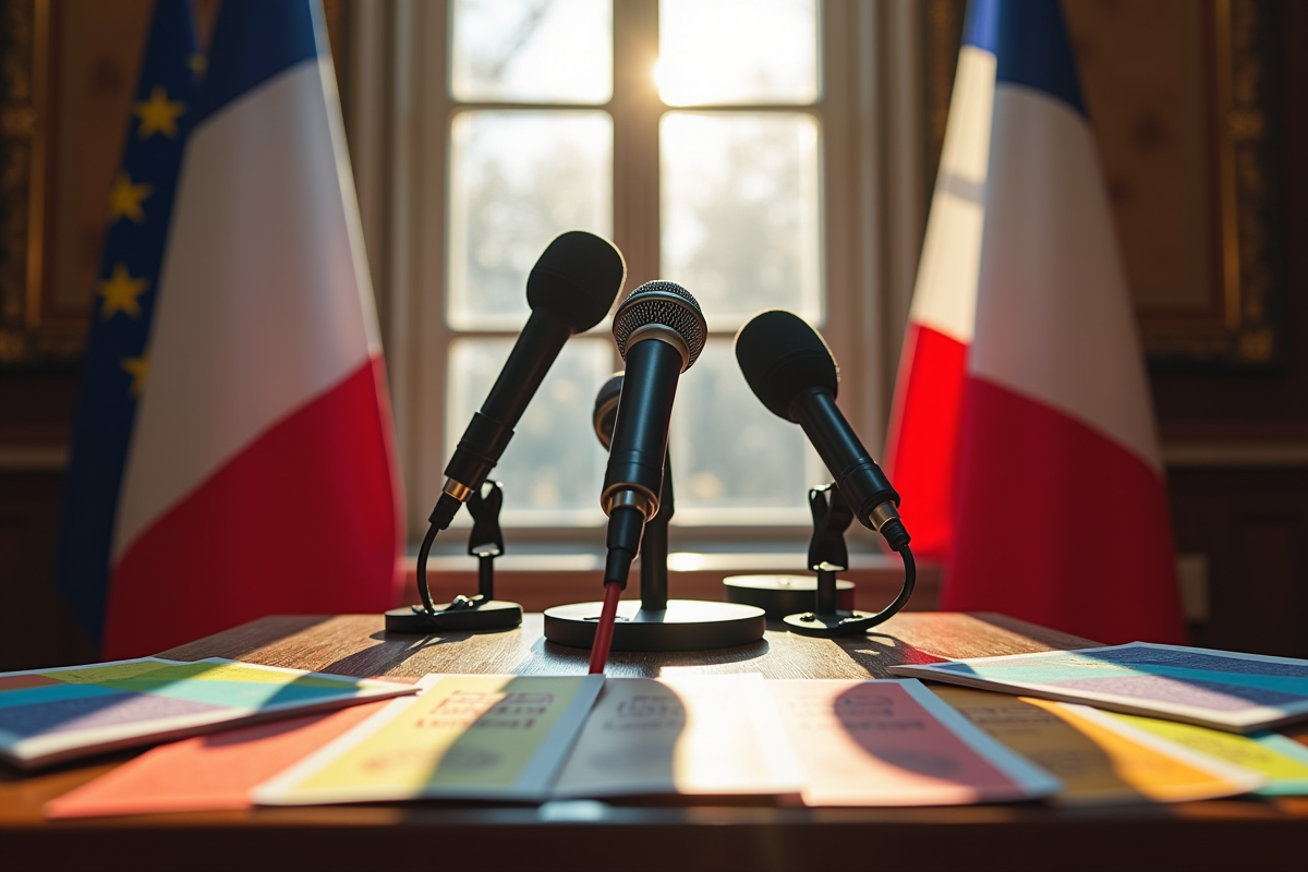 Microphones sur un pupitre avec drapeau français et brochures sur l