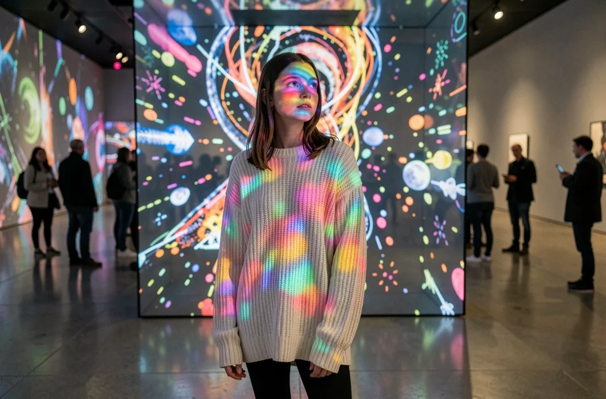 Adolescente devant une installation d'art numérique interactive dans un musée parisien