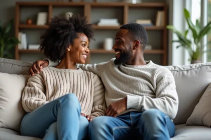 Naomi Osaka souriante avec son mari dans un salon chaleureux