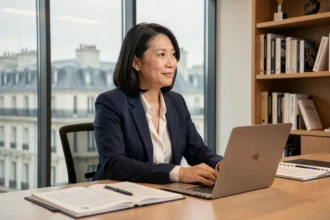 Femme professionnelle d'origine franco-vietnamienne assise à un bureau moderne dans un cadre éditorial parisien