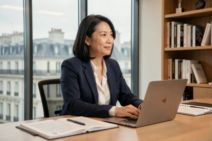 Femme professionnelle d'origine franco-vietnamienne assise à un bureau moderne dans un cadre éditorial parisien