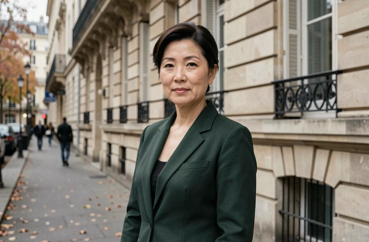 Portrait éditorial d'une femme franco-vietnamienne devant un immeuble haussmannien à Paris en automne