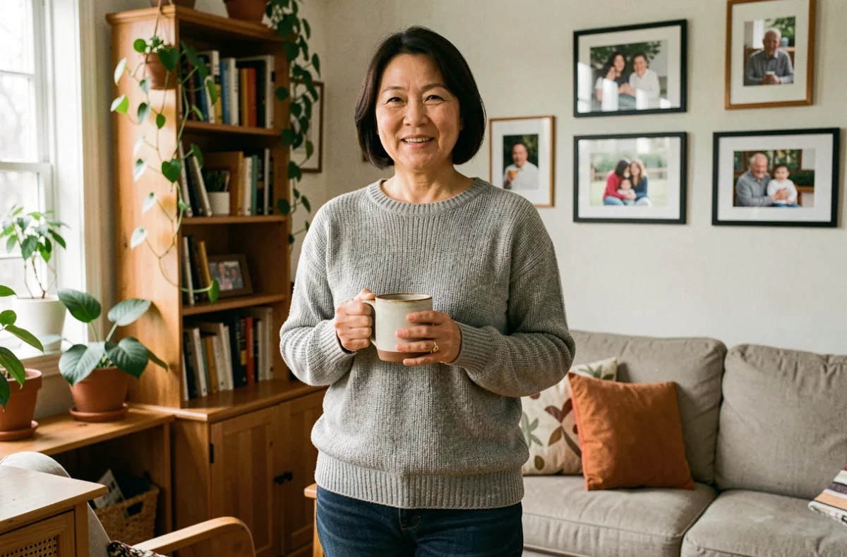 Femme d'origine franco-vietnamienne dans un intérieur familial chaleureux tenant une tasse de café, ambiance vie privée