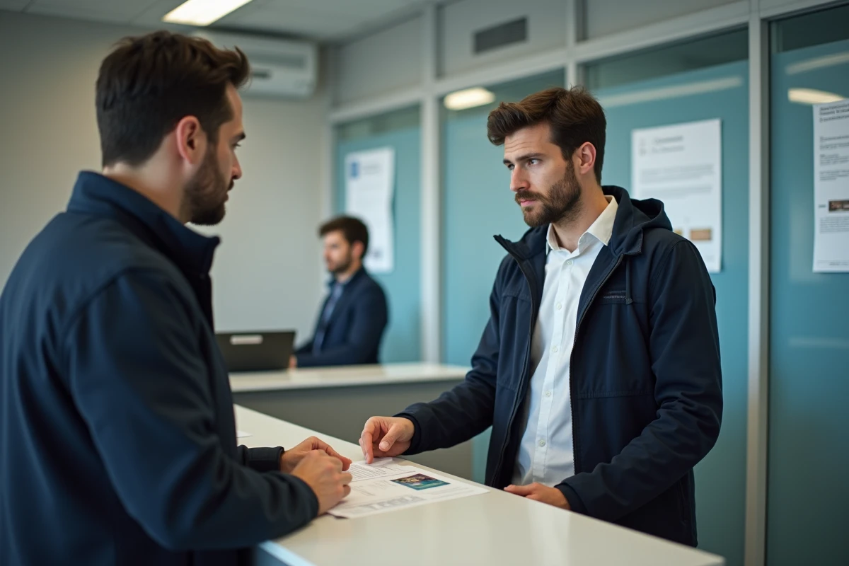 Homme déposant des documents administratifs en préfecture pour une demande de passeport avec nom d'usage