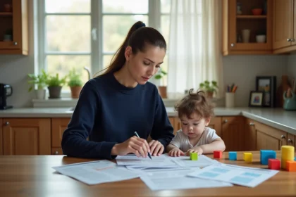 Nounou assise à la table de cuisine qui calcule son salaire brut net sur des feuilles de paie avec une calculatrice, enfant qui joue en arrière-plan