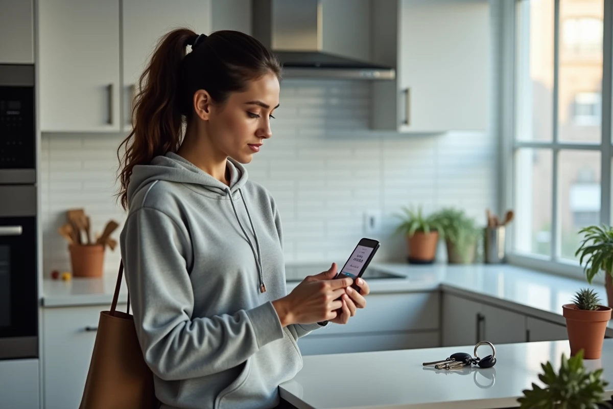 Nounou consultant une application de simulation de salaire brut net sur smartphone dans une cuisine moderne d'appartement urbain