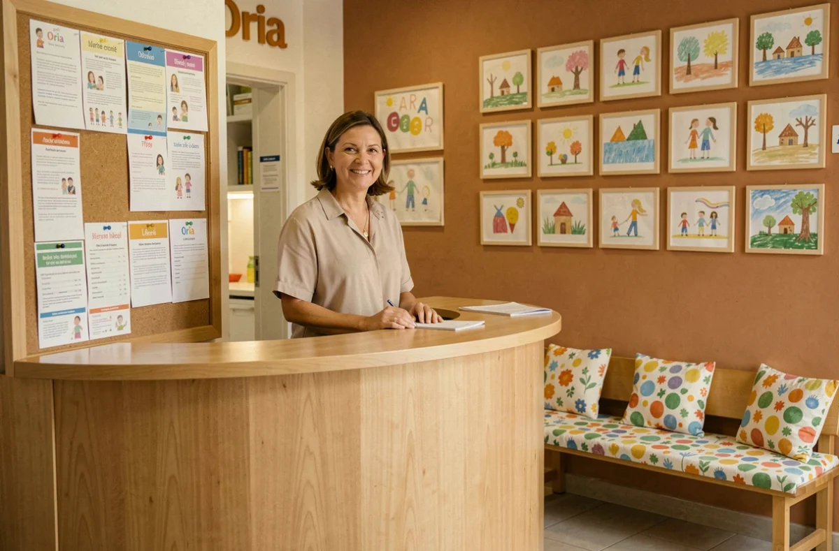 Espace d'accueil chaleureux de la crèche halte-garderie Oria Multi-Accueil à Marseille avec une réceptionniste souriante et des affichages familiaux colorés