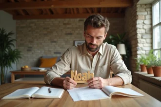Jeune père tenant un panneau en bois gravé du prénom Noah dans un intérieur scandinave chaleureux entouré de livres d'étymologie