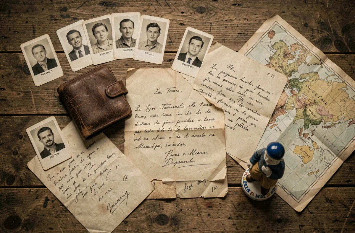 Bureau en bois avec des souvenirs familiaux, photos anciennes et lettres manuscrites évoquant l'histoire des origines de Jules Torres