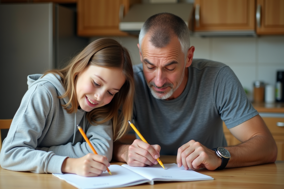 Pere aidant sa fille adolescente à faire ses devoirs à la maison