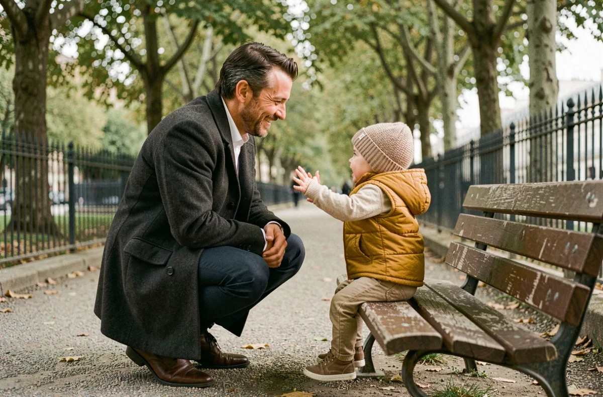 Papa et bébé d'un an partageant un moment de complicité sur un banc lors d'une promenade à Paris