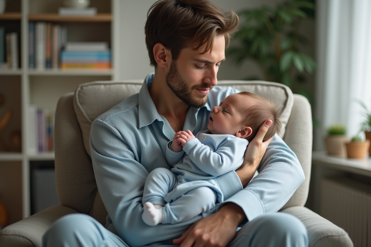 Pere tenant son bebe endormi dans un cadre familial chaleureux