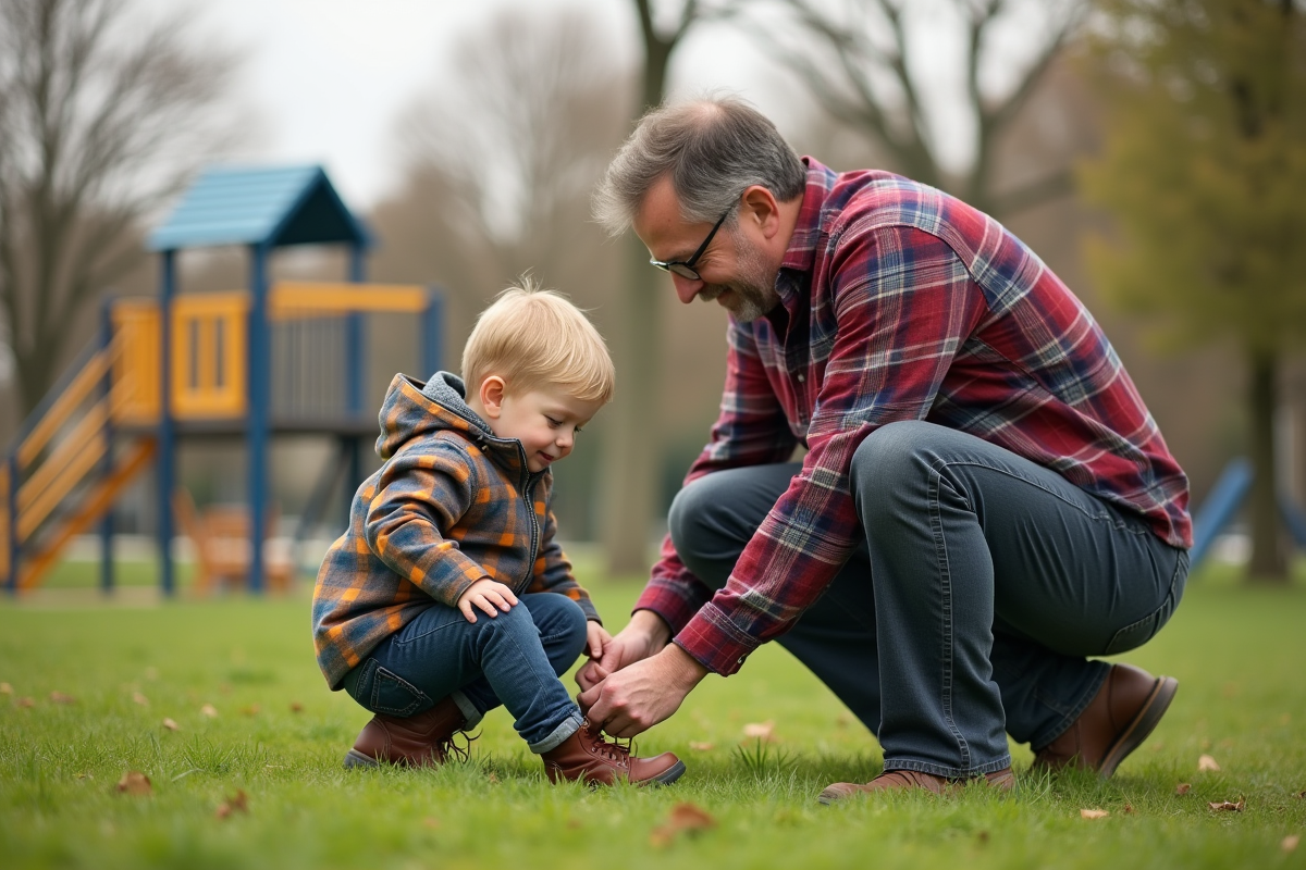 Pere aidant son fils à nouer ses lacets dans un parc