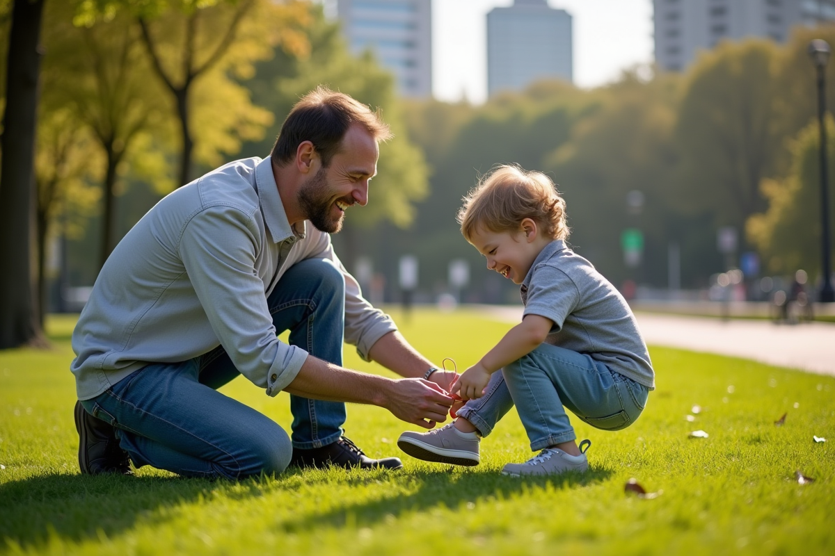 Père et enfant riant dans un parc urbain