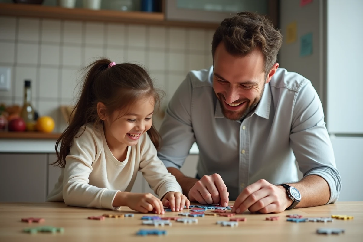 Papa et sa fille jouent ensemble à un puzzle dans la cuisine