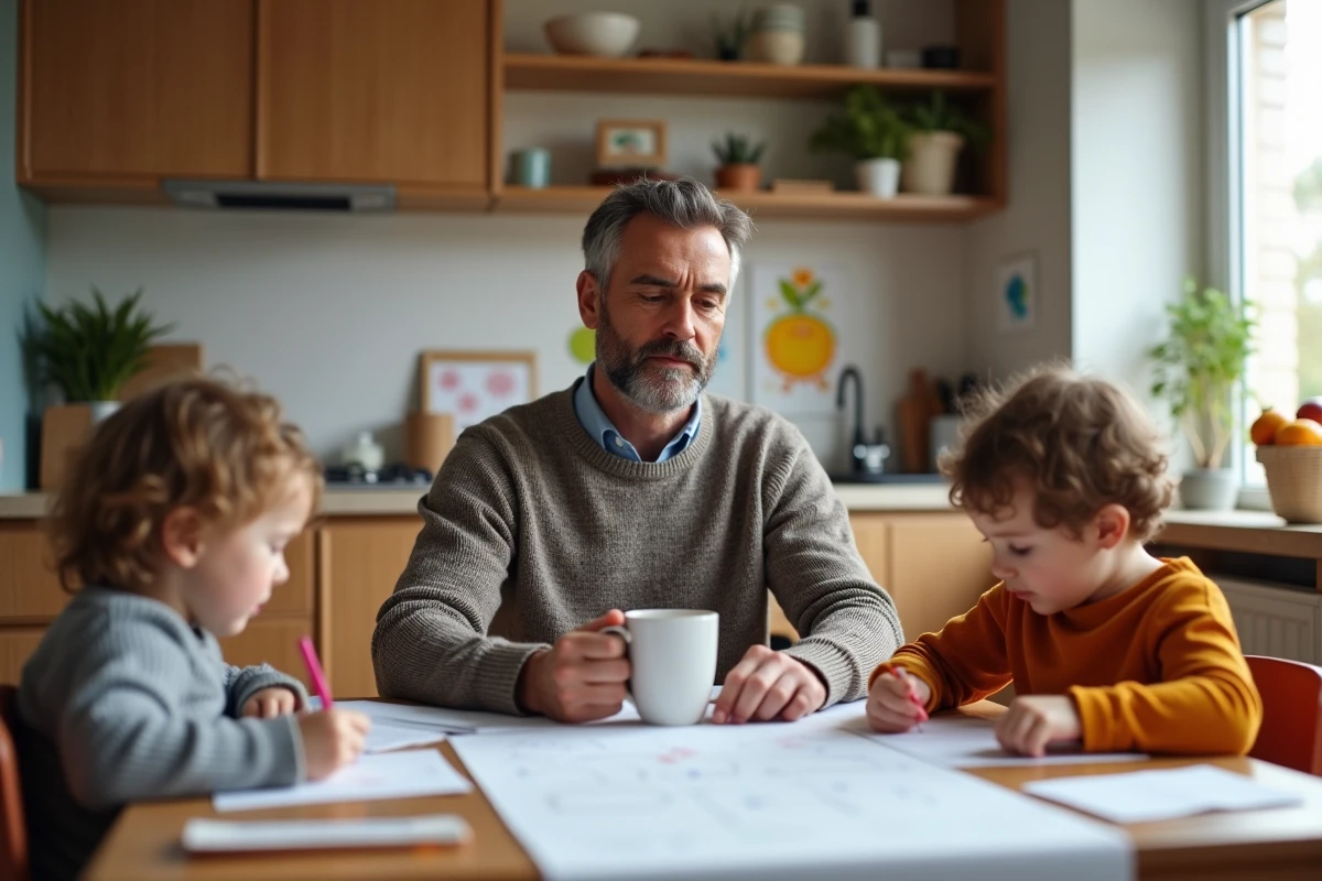 Pere et enfants dessinant à la table dans une cuisine chaleureuse