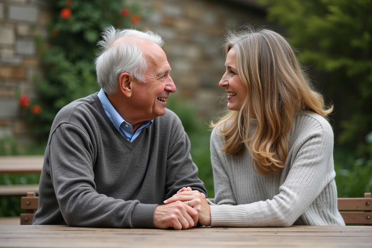 Un père et sa fille discutent dans un jardin fleuri en été