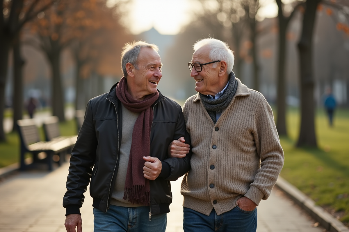 Fils et père âgé se promenant dans un parc en discutant