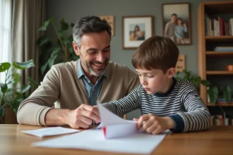 Père et fils assemblant un avion en papier à la maison