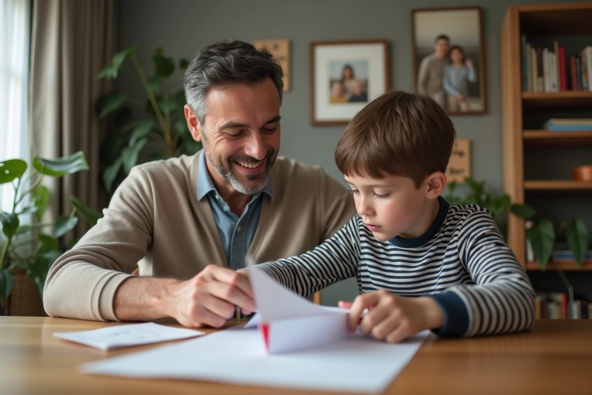 Père et fils assemblant un avion en papier à la maison