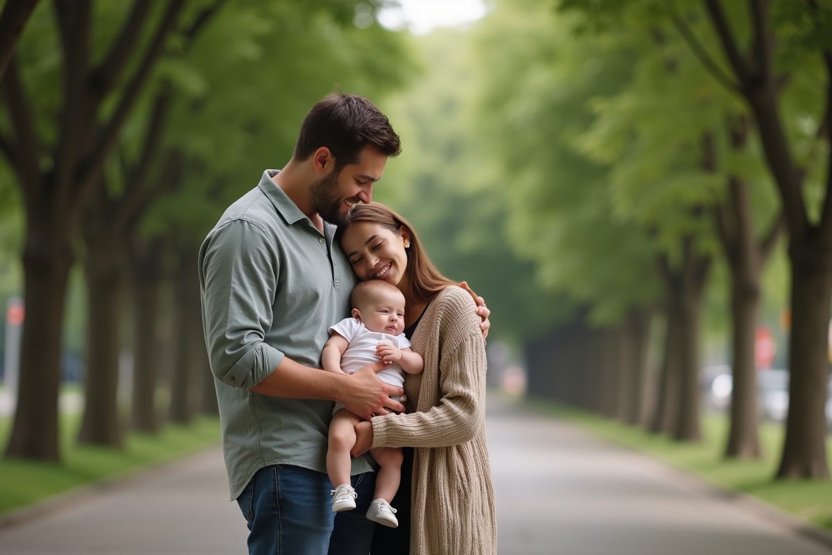 Parents avec bébé dans un parc calme et verdoyant