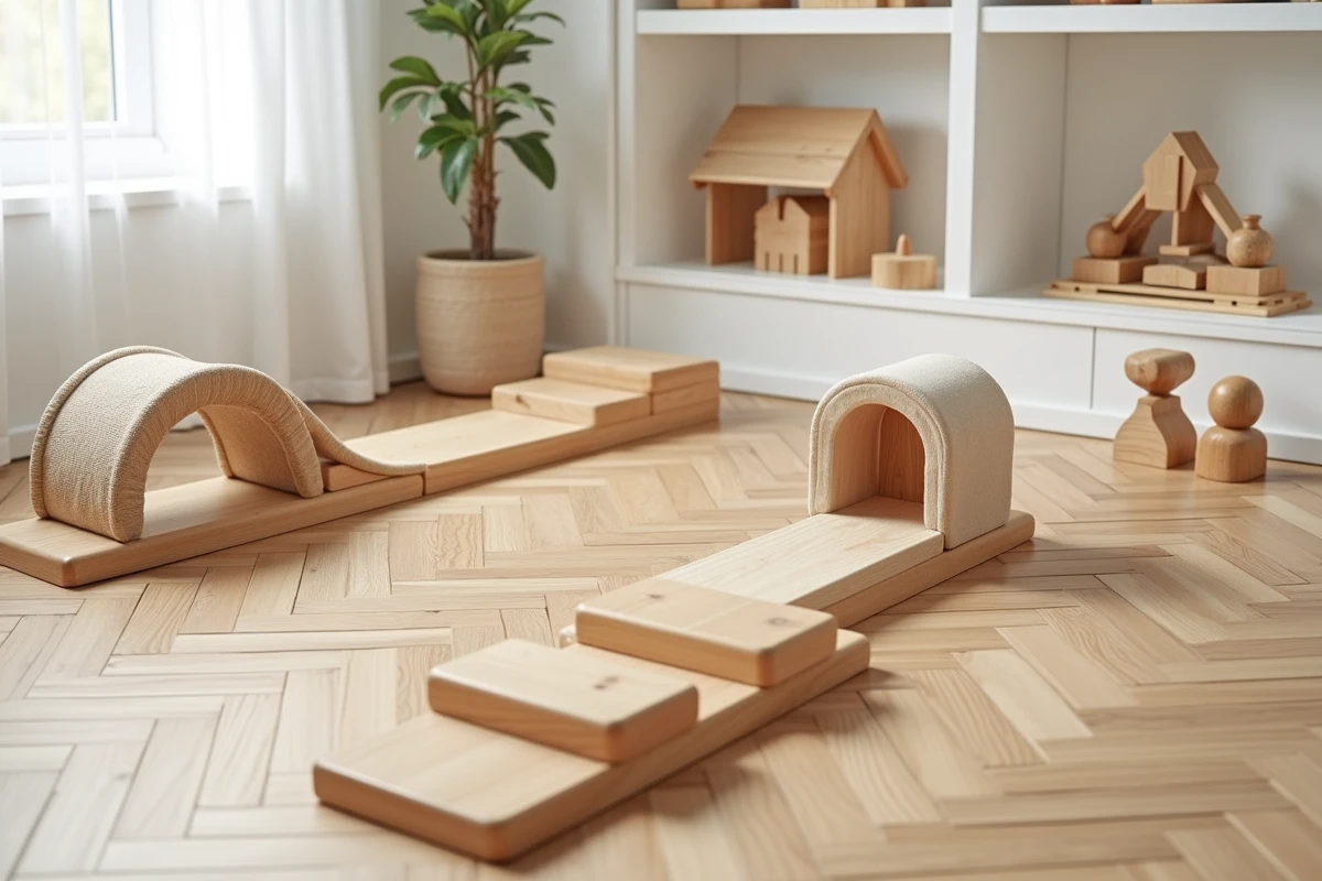 Parcours motricité Montessori en bois naturel disposé sur parquet dans une chambre de bébé minimaliste