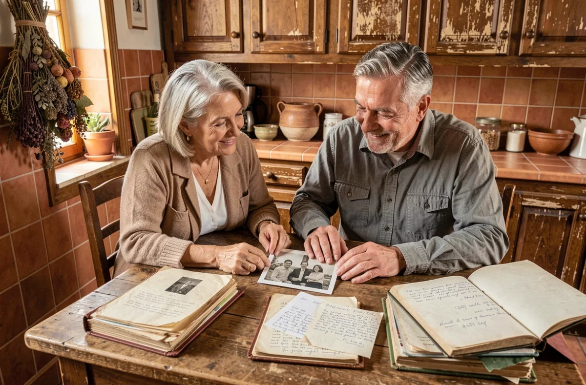 Couple de parents d'origine méditerranéenne consultant des albums de famille dans une cuisine traditionnelle