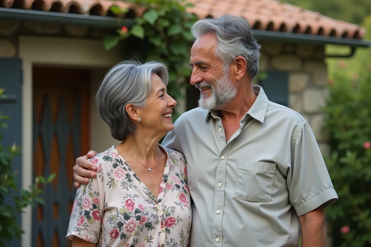 Portrait d'un couple de parents aux origines franco-méditerranéennes devant leur maison de banlieue