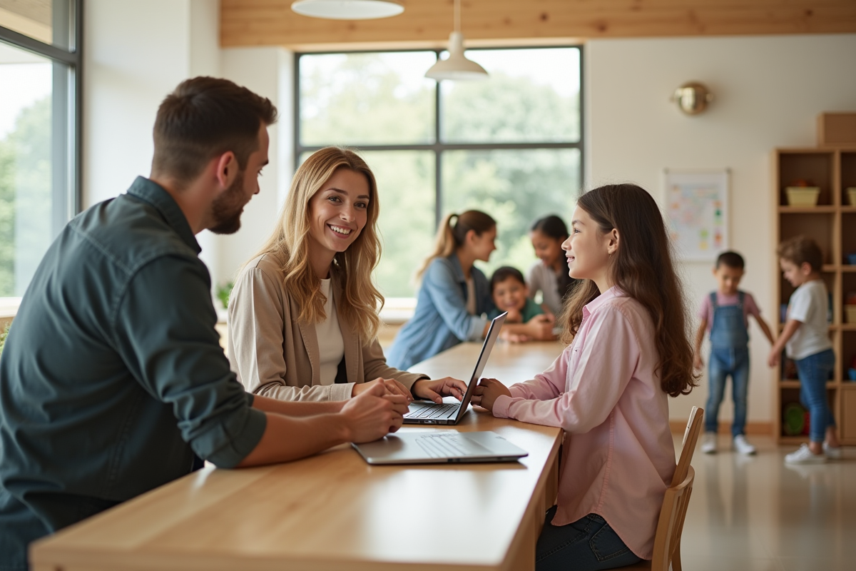Parents discutant avec une administratrice dans une école Montessori moderne