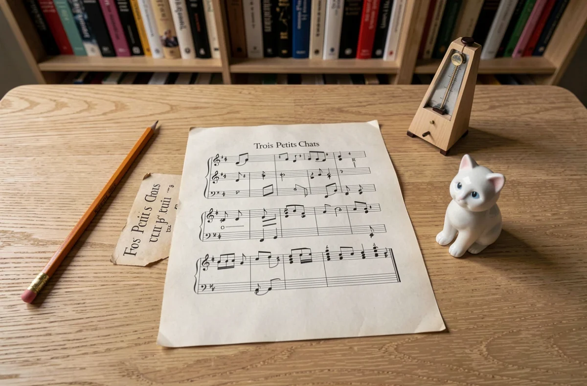 Partition simple de Trois Petits Chats pour piano débutant posée sur une table en bois avec un crayon et une figurine de chat