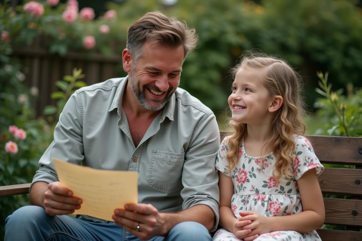 Père ému lisant une poésie écrite par sa fille pour la fête des pères dans le jardin