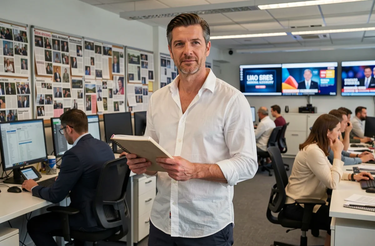 Personnalité médiatique française dans une salle de rédaction journalistique moderne