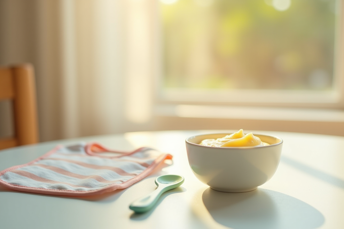 Petit bol de puree de bebe avec cuillère colorée sur table ensoleillee