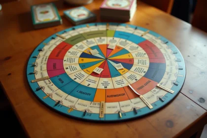 Plateau de Trivial Pursuit classique vu de dessus montrant toutes les cases colorées du jeu