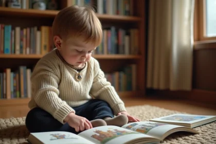 Jeune garçon prénommé Arthur assis sur un parquet de bibliothèque entouré de livres illustrés de chevaliers et de châteaux forts